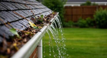 Rainwater overflowing from clogged roof gutters during a spring storm, highlighting potential drainage issues and hidden roof leak risks on a residential home.