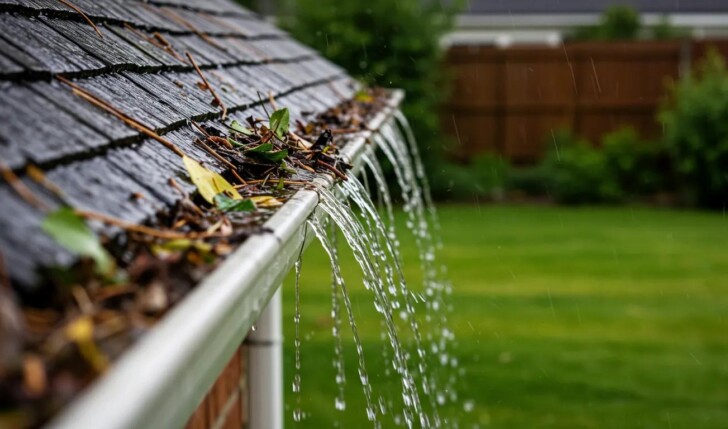 Rainwater overflowing from clogged roof gutters during a spring storm, highlighting potential drainage issues and hidden roof leak risks on a residential home.