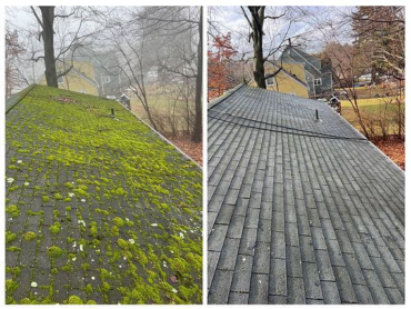 Clean and damaged residential roof comparison showing repaired shingles and cleared gutters, highlighting summer roof preparation and maintenance.