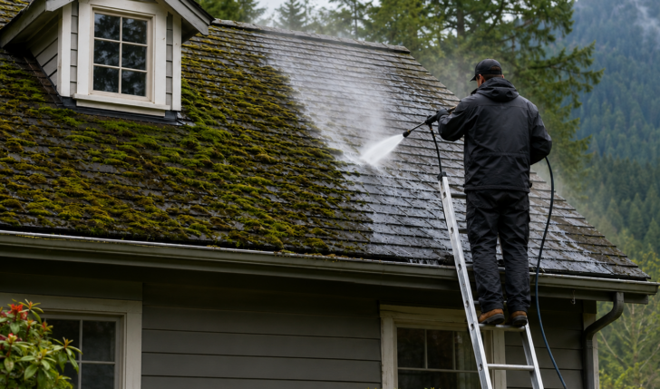 Moss Removal in Progress on a Vancouver Island Home
