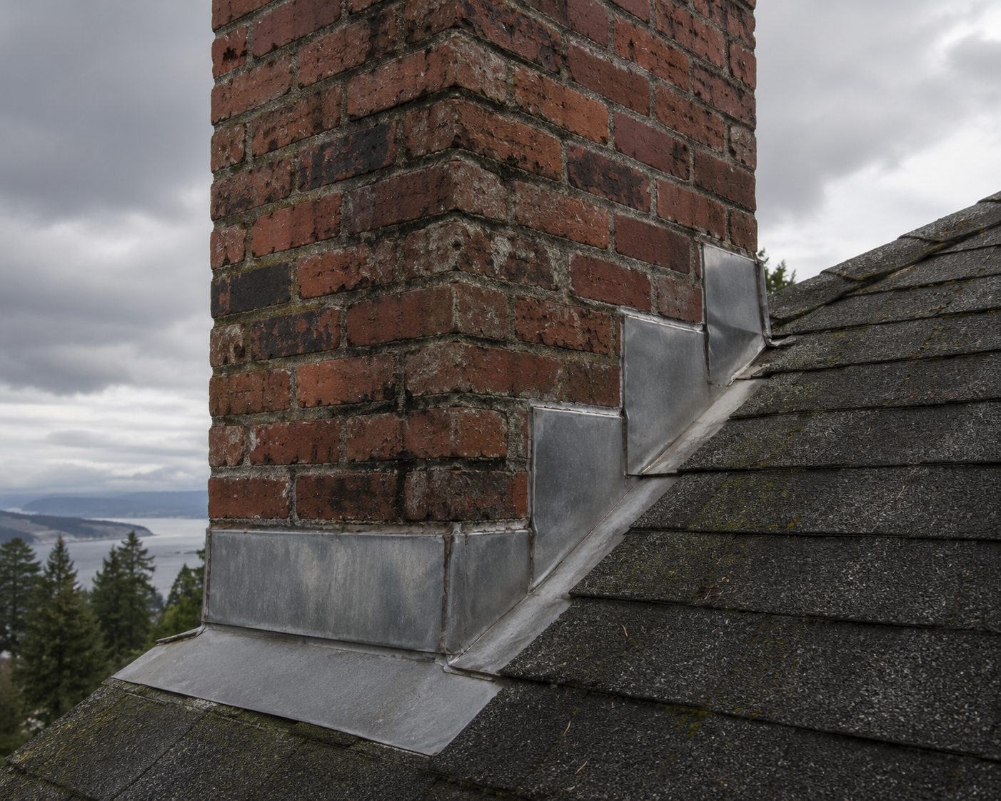 brick chimney meeting a shingle roof