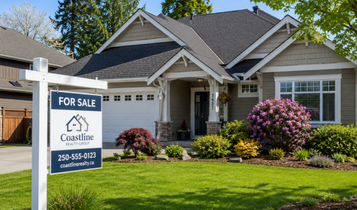 A real estate “for sale” sign on the front lawn of a well-kept Nanaimo home, with the roofline clearly in frame under bright spring light.