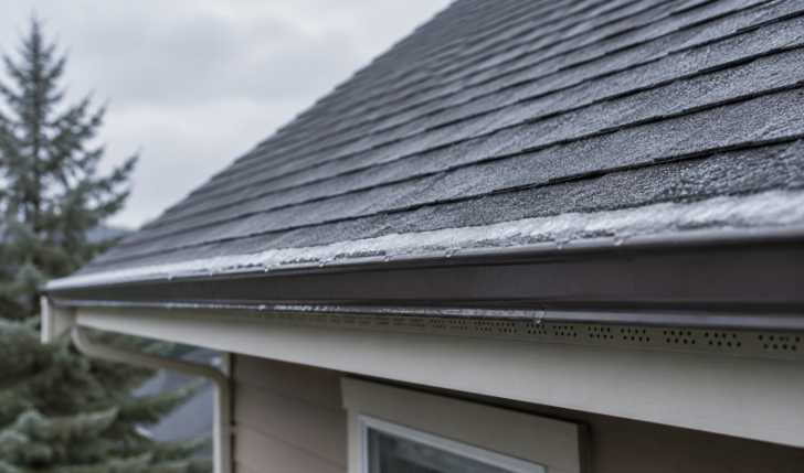 residential asphalt shingle roof eave with a thin line of ice buildup