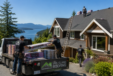 Roofing crew preparing a project on Vancouver Island in late summer.