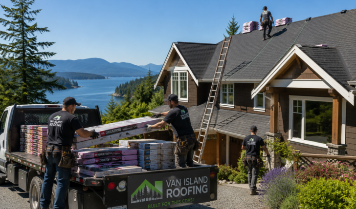 Roofing crew preparing a project on Vancouver Island in late summer.