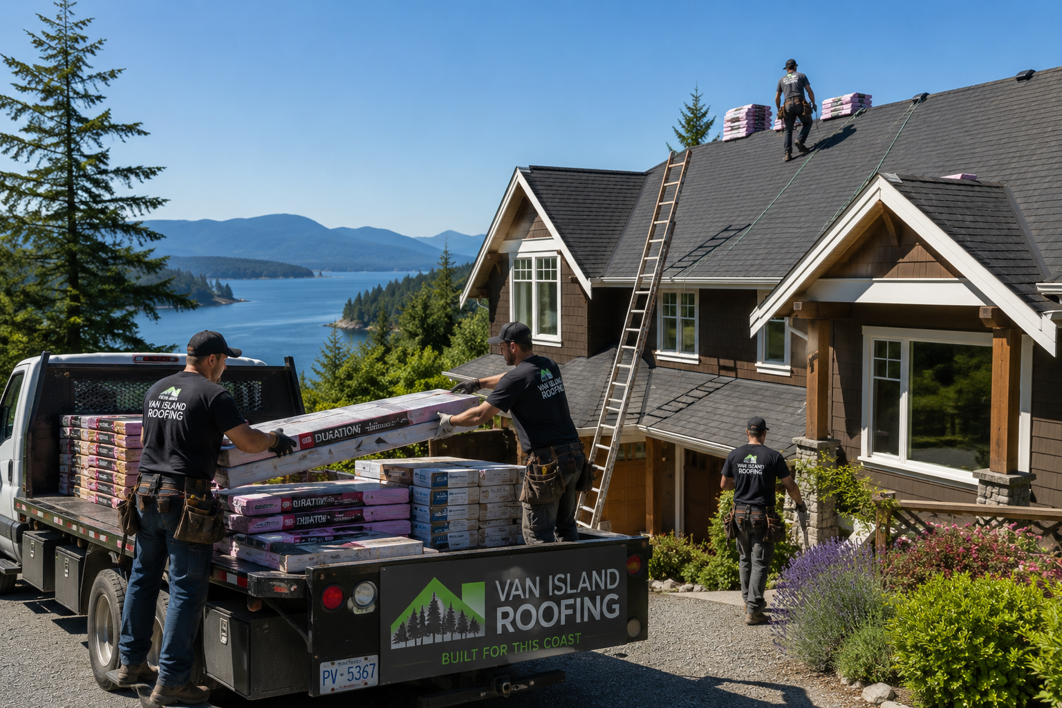 Roofing crew preparing a project on Vancouver Island in late summer.