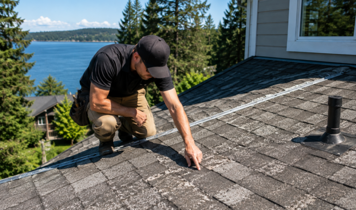 Professional roofer inspecting sun-weathered asphalt shingles on a Vancouver Island home during summer.