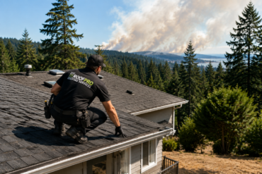 A roofing professional inspecting a residential roof on Vancouver Island with a forested hillside in the background during wildfire season.