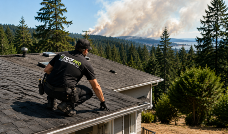 A roofing professional inspecting a residential roof on Vancouver Island with a forested hillside in the background during wildfire season.