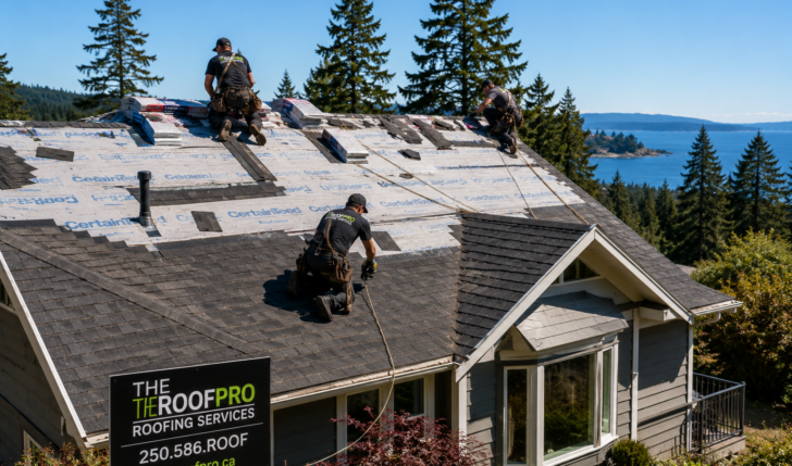 Roofing contractor replacing asphalt shingles on a Vancouver Island home during late summer before fall rain arrives.